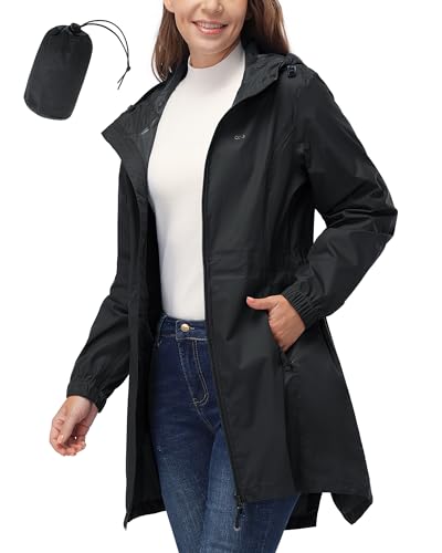 33,000ft Women's Waterproof Long Rain Coats Packable Rain Jacket with Hood - color: Black, size: X-Small