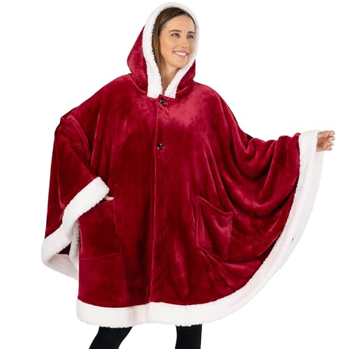 PAVILIA Hooded Blanket Poncho for Women, Fleece Wearable Shawl Wrap, Red | Fleece Shawl Wrap with Hood, Adult Wearable Blanket, Cozy Warm Poncho Cape Throw with Pockets, Gift for Elderly Mom - color: Wine