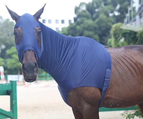 Leberna Stretch Horse Hood with Zip Full Face Neck Cover (Navy, L) - color: Navy, size: L