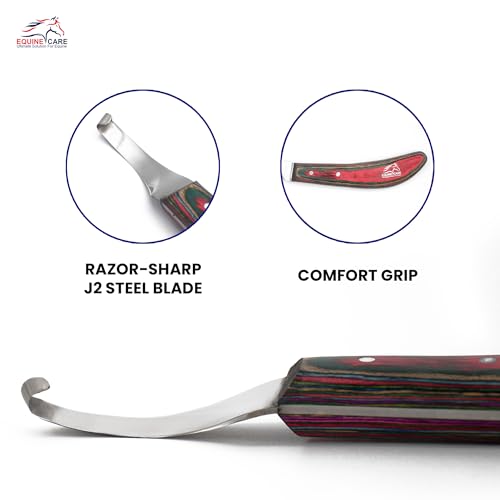 Equine Care Right-Handed Farrier Hoof Knife, Horses Goats Sheep, Red Handle | Farrier hoof knife for horses, goats, sheep and cattle; J2 stainless steel curved blade; red layered handle. - style: Right-Handed