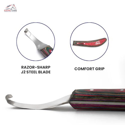 Equine Care Right-Handed Farrier Hoof Knife, Horses Goats Sheep, Red Handle | Farrier hoof knife for horses, goats, sheep and cattle; J2 stainless steel curved blade; red layered handle. - style: Right-Handed