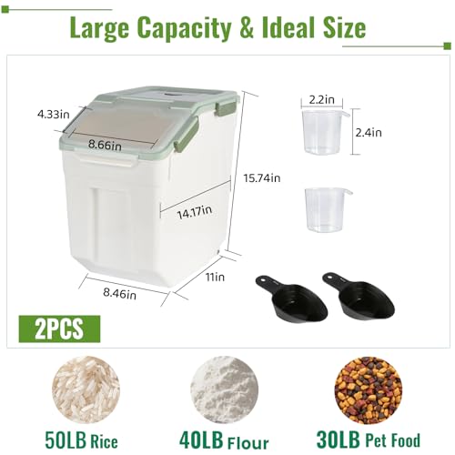 2 Pack Rice Container 50 lbs Large Bulk Flour Sugar Storage Holdhouse Plastic Grain Cereal Dry Goods Bin with Spoon and Measuring Cup for Kitchen Pantry Organization - Green - color: Green