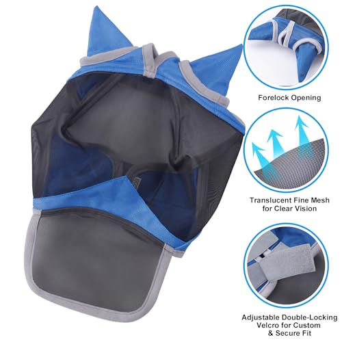 Horse Fly Mask with Ears & Long Nose, Fine Mesh Royal Blue Full - color: Royal Blue, size: Full