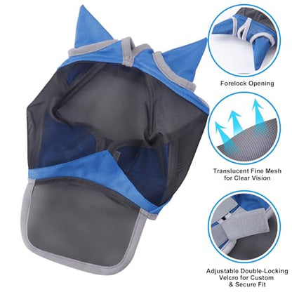 Horse Fly Mask with Ears & Long Nose, Fine Mesh Royal Blue Full - color: Royal Blue, size: Full