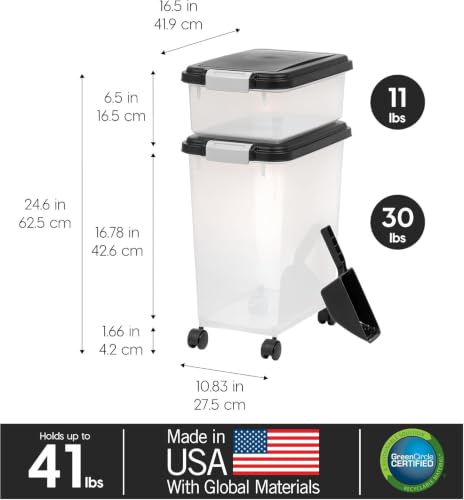 IRIS USA 30 lb + 11 lb Airtight Pet Food Storage Containers with Wheels - color: Black
