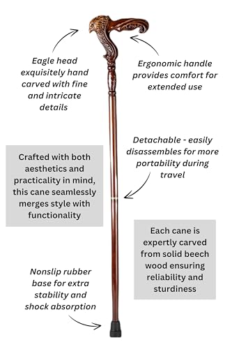 Hand Carved Wooden Walking Cane with Ergonomic Handle and Rubber Tip for Men and Women - Fashionable Unique Walking Stick for Seniors - 37 inch - style: Eagle