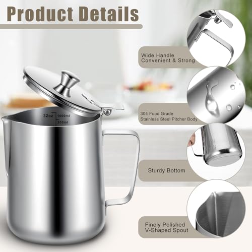32 oz 304 Stainless Steel Pitcher with Lid, 1 L Large Metal Measuring Cup with Handle, Large Mouth Graduated Beakers, Milk Frothing Jug for Latte Art, Espresso Machines, Tea - size: 33.8 Ounces