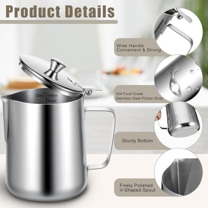 32 oz 304 Stainless Steel Pitcher with Lid, 1 L Large Metal Measuring Cup with Handle, Large Mouth Graduated Beakers, Milk Frothing Jug for Latte Art, Espresso Machines, Tea - size: 33.8 Ounces