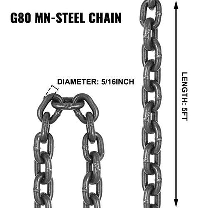 VEVOR Chain Sling 5/16 Inch X 5 Ft Chain Sling for Engine Hoist G80 Alloy Steel Lifting Sling Chains 3 Ton with 4 Leg Grab Hooks - size: 5/16 Inch x 5 FT