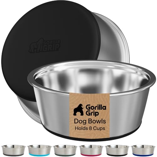 GORILLA GRIP Dog Bowls, Food Grade Stainless Steel, Set of 2, 8 Cup, Black | 304 Stainless Steel Pet Feeding Bowls Hold 64 fl oz Each, Dishwasher Safe, Rust Resistant, BPA Free Rubber Base - color: Black, size: 8 Cup (64 Oz)