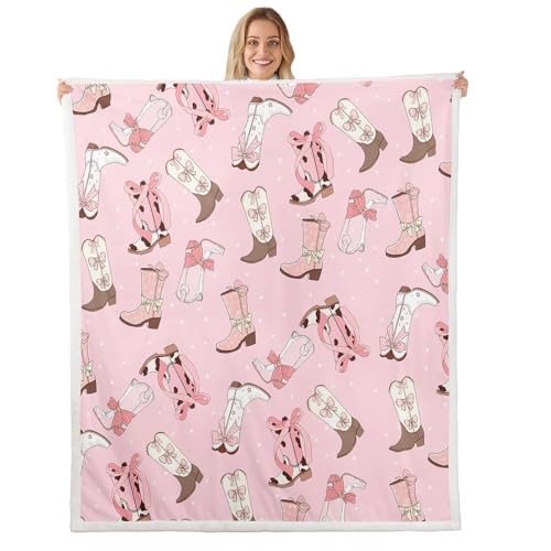 Cowgirls Sherpa Blanket For Girls Cowboy Hat Boots Fleece Blanket Throw 50"X60" Pink Kawaii Bow Tie Throw Blanket Rustic Horseshoe Cactus Plush Bed Blanket For Kids Teens Woman Decorative Sofa Couch - color: Pink White Green, size: Throw
