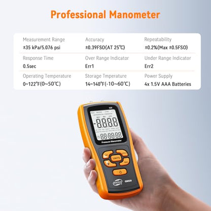 Digital Manometer Gas Pressure Tester, Professional Air Pressure Meter, Differential Pressure Gauge for HVAC, Gas Valve (GM520)