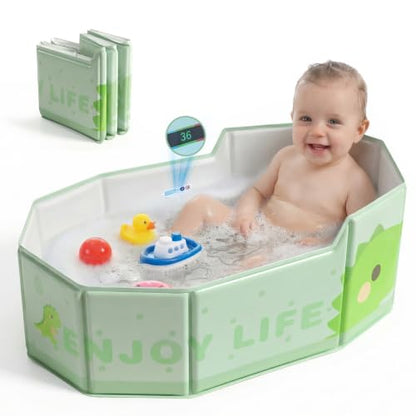 Orzbow Portable Toddler Bathtub with Temperature Sticker & Side Drain Plug | Collapsible Baby Bath Tub for Infant Kids 6 Months+ Travel, Easy to Clean, Stable & Durable, Fold to Space-Saving, Green