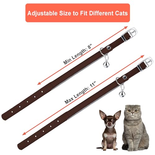 OOPSDOGGY Rolled Leather Cat Collar with Bell, Reflective Kitten Collars with Buckle Include Safety Elastic Strap - Adjustable Small Pet Collars for Boy Girl Cats (Brown) - color: Brown