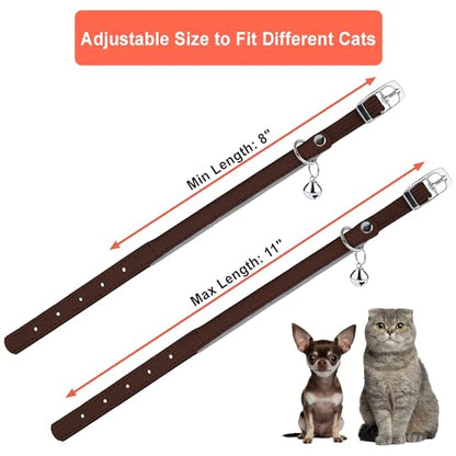 OOPSDOGGY Rolled Leather Cat Collar with Bell, Reflective Kitten Collars with Buckle Include Safety Elastic Strap - Adjustable Small Pet Collars for Boy Girl Cats (Brown) - color: Brown