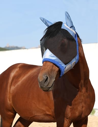 Harrison Howard Horse Fly Mask UV Protective Fine Mesh with Extra Wool Soft Touch on Skin Fly and UV Protection Aquamarine-Black S - color: Aquamarine-Black, size: S