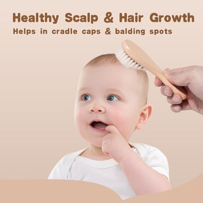 SAMEBUTECO Baby Hair Brush Set,3 in1 Kit,1 Pack Goat Hair Bristles Brush 2 Pieces Silicone Cradle Cap Brushes Wood Handle Newborn Brush for Newborns and Toddlers