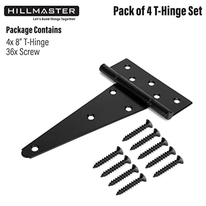 HILLMASTER 8 Inch T-Strap Heavy Duty Shed Door Hinges Gate Strap Hinges Black Tee Hinge Wrought Hardware for Wooden Fences,Yard,Barn Door,Rustproof (4 Pack) - size: 8in 4Pack