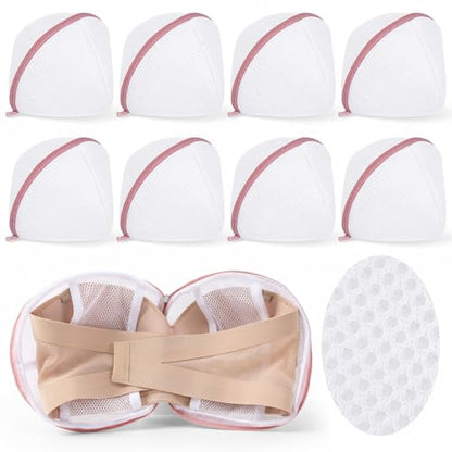 9 Pieces Bra Washing Bags for Laundry - Mesh Lingerie Wash Bags with Zipper, Soft Polyester Delicates Protector for Bras, Underwear, Socks, and Travel Storage (White & Pink, 6.3" x 5.5")