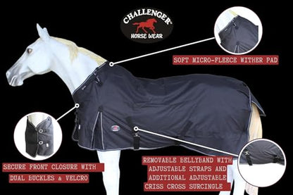 Challenger 1200D Turnout Rain Horse Sheet Light Winter Blanket Gusset 363G - color: Black Black-White Trim, size: 68"
