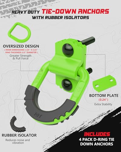 D-Ring Tie Down Anchors with Rubber Isolators, 4 Pack Heavy Duty 10 Ton Capacity Carbon Steel, Bolt-On with Mounting Hardware, Zinc & Powder Coated for Trailer, Truck, Pickup, Garage-Green - color: Green