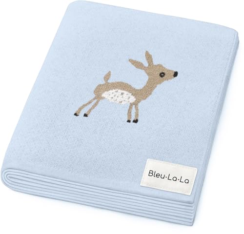 Knit Baby Swaddle Blanket - 100% Cotton Soft Cozy Receiving Swaddle Stroller Blanket for Shower Gift Registry for Newborns, Infants, Toddlers (Deer - Blue) - color: 09 - Deer - Blue