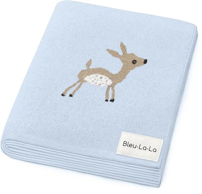 Knit Baby Swaddle Blanket - 100% Cotton Soft Cozy Receiving Swaddle Stroller Blanket for Shower Gift Registry for Newborns, Infants, Toddlers (Deer - Blue) - color: 09 - Deer - Blue