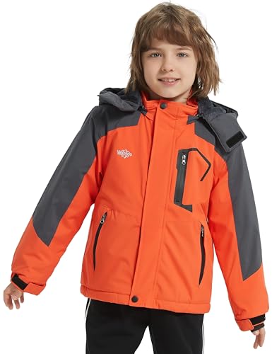 Wantdo Boy's Waterproof Ski Jacket Fleece Snowboarding Jackets Warm Thick Winter Coat Hooded Raincoats - color: Orange, size: 10-12