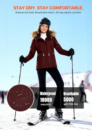 wantdo Women's Waterproof Ski Jacket Warm Fleece Lined Snow Winter Coat - color: Wine Red, size: Medium