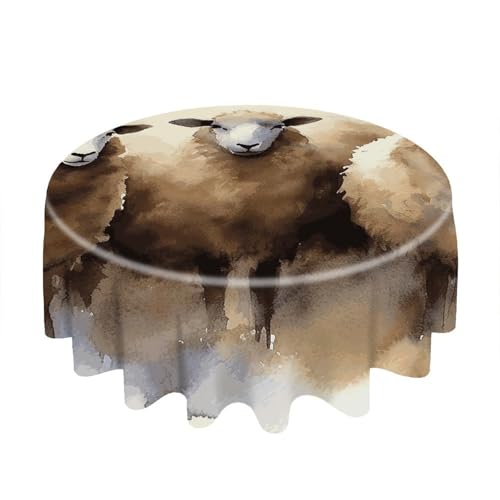 Watercolor Sheep Round Tablecloth 60 Inch Wrinkle-Free | Spill Proof Table Cover with Scalloped Edge, Washable Polyester Table Cloth for Dining Room, Kitchen, Picnic, Party, Wedding