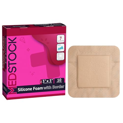 MEDSTOCK Silicone Foam Dressing with Border, 3"x3" (Pack of 10), Wound Care, Super Absorbent, Atraumatic Removal, Five Layers, Waterproof, Seals Wound Edges, No Adhesion Loss - size: 3"x3" (Pack of 10)