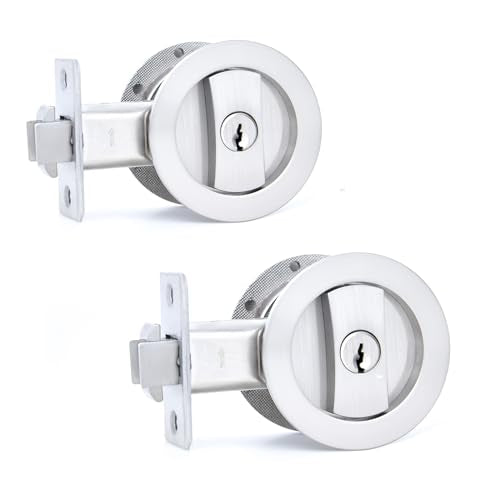 Dontay Pocket Door Keyed Lock, Round Contemporary Entrance Sliding Barn Door Lock Latch, Recessed 2 Sided, 2-3/8 inch Backset, Flush Handles Hardware(Brushed Nickel,2) - color: Brushed Nickel