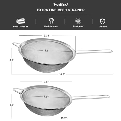 Walfos Large Fine Mesh Strainer 9.35" & 7.8", Stainless Steel Mesh Sieve with Sturdy Handle, Kitchen Metal Food Strainers for Quinoa, Rice, Pasta, Fruits, Vegetables, etc., Set of 2 - size: 9.35", 7.8" (2pcs)