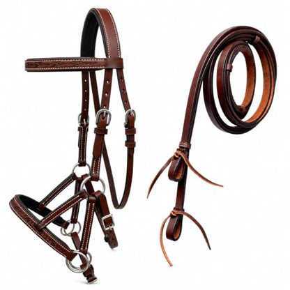 Horse Western Tan Leather Padded Bitless Training Sidepull Bridle Reins - color: Brown Barbed Wire