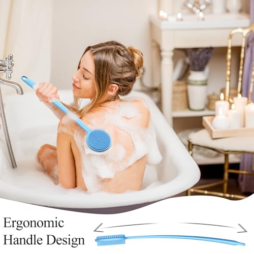 Silicone Back Scrubber for Shower, 17in Lengthen Long Handle Body Brush, Double Sided Shower Brush for Shower Exfoliating and Massage Can Produce Rich Foam, Long Handle Back Scrubber for Men - color: Blue