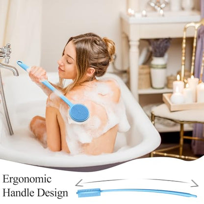 Silicone Back Scrubber for Shower, 17in Lengthen Long Handle Body Brush, Double Sided Shower Brush for Shower Exfoliating and Massage Can Produce Rich Foam, Long Handle Back Scrubber for Men - color: Blue
