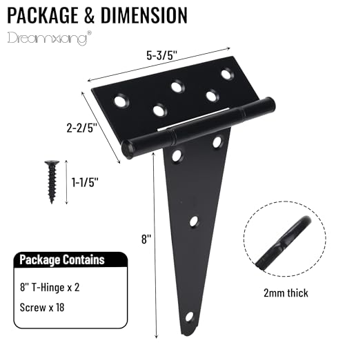 8 Inch T-Strap Gate Hinges, Heavy Duty Shed Barn Door Hinges, Black Tee Hinges for Wooden Fence, Yard Gate, Wrought Hardware Iron Rustproof (2 Pack) - size: 8 Inch