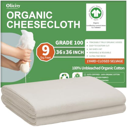 Organic Cheese Cloths, GOTS Certified, 36x36Inch, Reusable Cheese Cloth