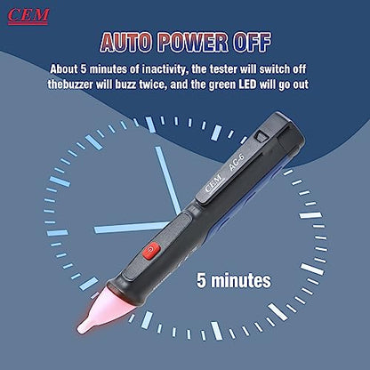 Voltage Tester,CEM AC-6 Non-Contact Voltage Detector,Electrical Tester,AC,LCD Display in Percentage,Buzzer Alarm,Live Wire Tester,Wire Breakpoint Finder - Black-Built-in/External Battery (Random)