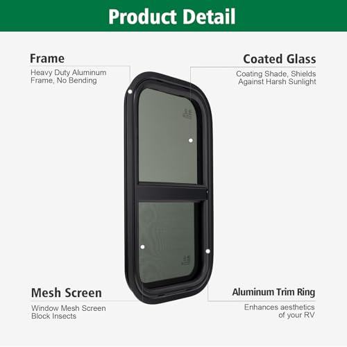 Dulepax Vertical RV Window, 15" W x 22" H Tinted Slide Trailer Window, Tempered Glass Camper Window Replacement with Net Screen and Trim Ring, DOT Approved - size: Vertical 15"x22"