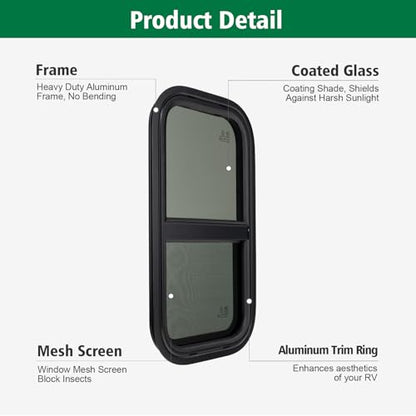 Dulepax Vertical RV Window, 15" W x 22" H Tinted Slide Trailer Window, Tempered Glass Camper Window Replacement with Net Screen and Trim Ring, DOT Approved - size: Vertical 15"x22"