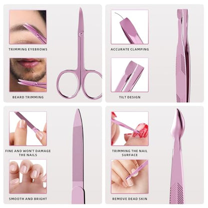 Manicure Set, Stainless Steel Nail Clipper Set with Travel Case | 12-Piece Set with Thicker Steel, Precision-ground Cutting Edges, and Smooth-finished Tools for Clean, Precise Trimming. - color: Rose Purple