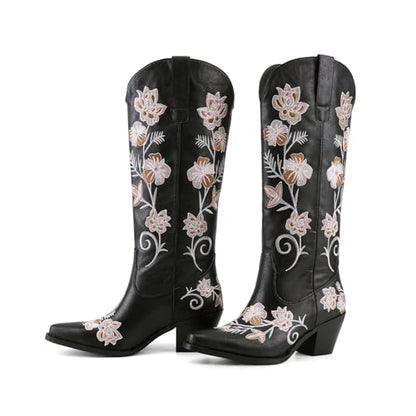 Knee High Cowboy Boots for Women Tall Cowgirl Western Boots - color: Black C, size: 7