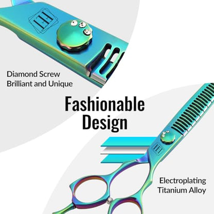 Dog Grooming Scissors: 7" Straight Pet Shears Skeletonized blade Made Of Japanese 440C for Trimming Dogs Cats and Other Pets Green (Chunker G, 7") - style: Chunker