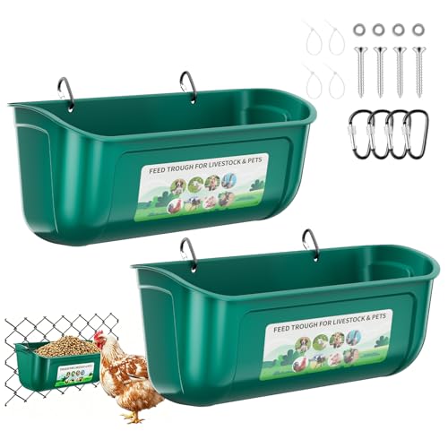 Chicken Feeder Waterer Set, Hanging Fence Feed Trough for Livestock Poultry, Waterer Bucket for Hens Gooses Goat Sheep Deer Duck （ 2 * 2.7 Quart ） - color: Green