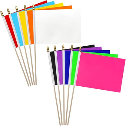 12Pcs 8×12 Inch Red White Blue Black Orange Yellow Green Purple Pink Flags Set on Wood Stick Small Mini Solid Color Blank Sublimation Handheld Flags for DIY Graffiti