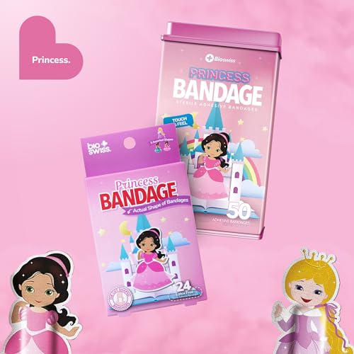BioSwiss Bandages, Princess Shaped Self Adhesive Bandage Set, Latex Free, Sterile Wound Care, 50 Count - color: Princess, size: 50-Count Tin