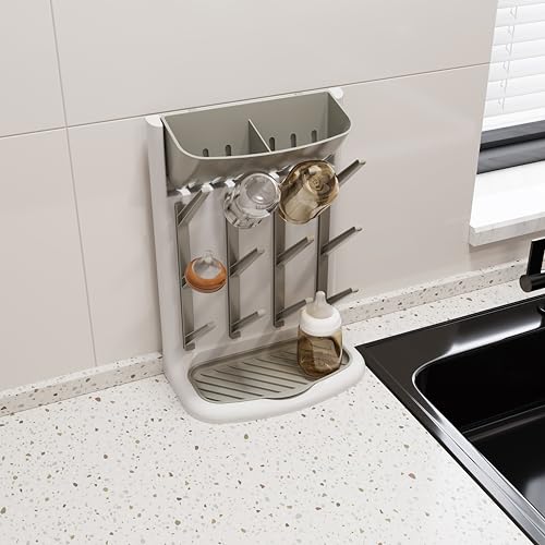 IEEK Baby Bottle Drying Rack,Space Saving Countertop Drying Rack for Baby Accessory & Pump Parts,Suction Cup Wall Mounted Bottle Rack Holder Large Vertical Drying Tower,Grey and White
