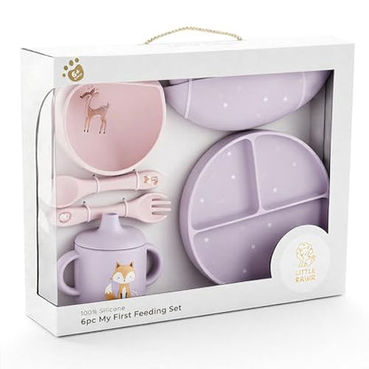 Little Rawr Baby Led Weaning Bundle, 100% Silicone Baby Feeding Set Includes Divided Plate, Suction Bowl, Straw Cup, Bib, Spoon & Fork, Develops Self Feeding Skills, Dishwasher Safe (Purple) - color: Pink