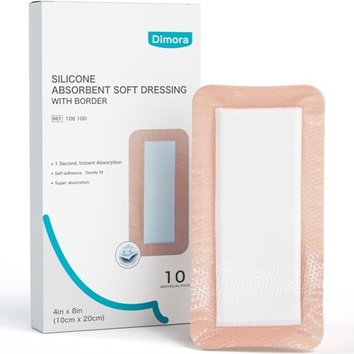 Dimora Silicone Ultra Absorbent Dressing Pads - Adhesive Wound Bandage with Gentle Border, Waterproof Soft Gauze for Post Surgical and Bed Sore Exudate Management 4"X 8" 10 Count - size: 4"x 8" - 10 pcs